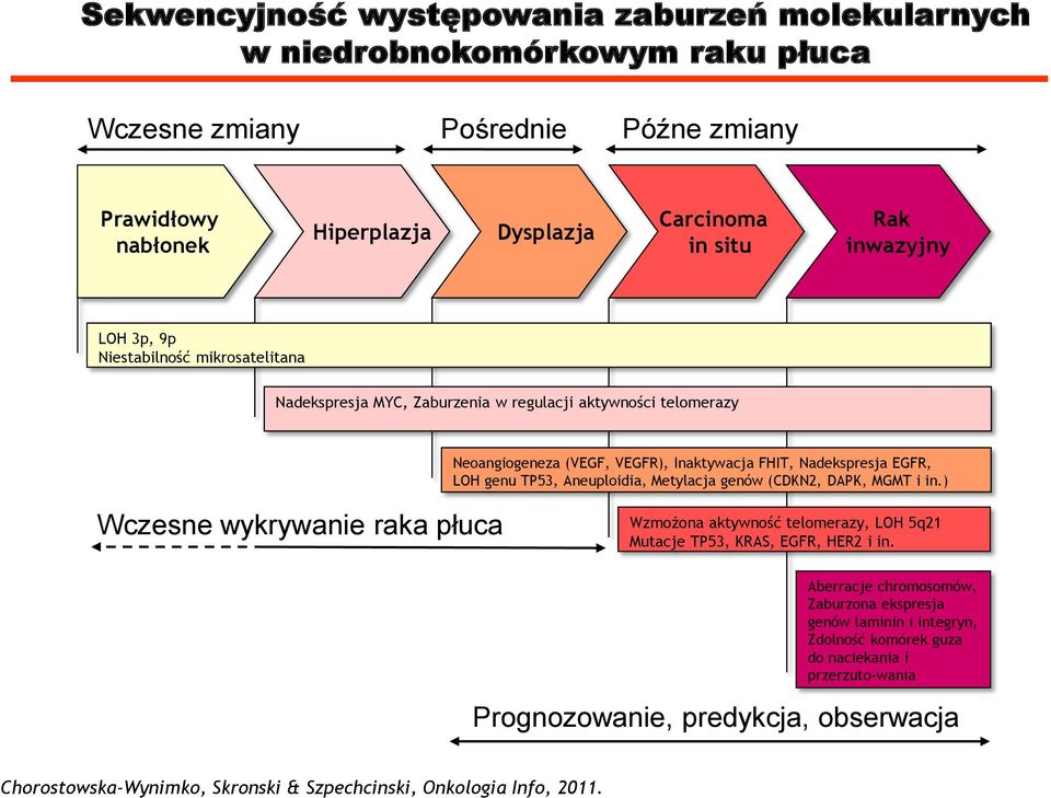 TP53, Aneuploidia, Metylacja genów (CDKN2, DAPK, MGMT i in.) Wczesne wykrywanie raka płuca Wzmożona aktywność telomerazy, LOH 5q21 Mutacje TP53, KRAS, EGFR, HER2 i in.