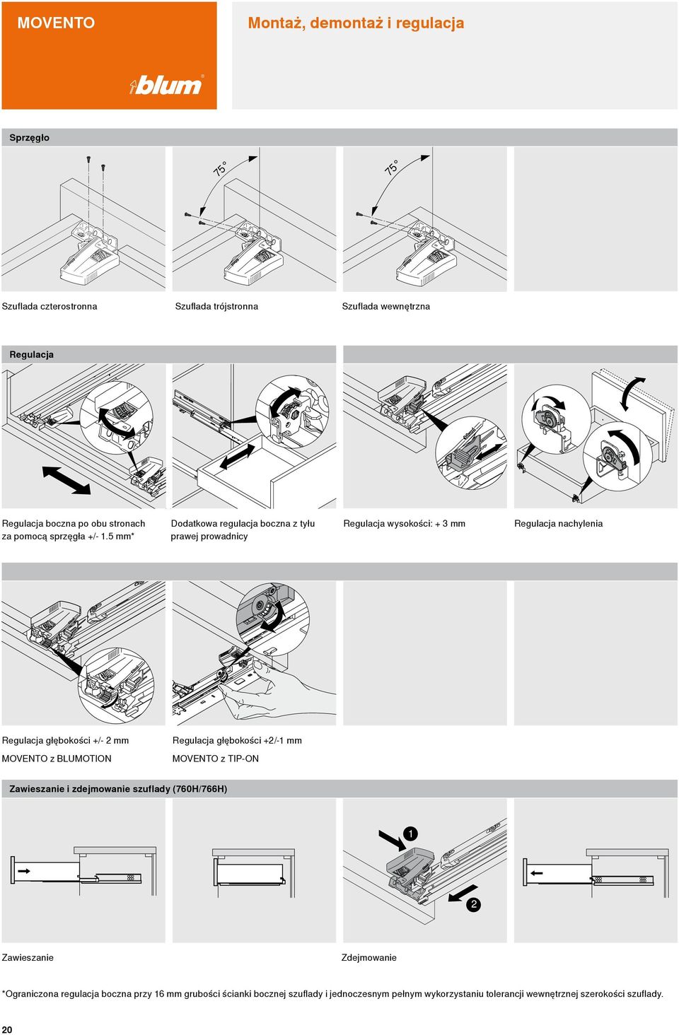 5 mm* Dodatkowa regulacja boczna z tyłu prawej prowadnicy Regulacja głębokości +/- 2 mm Regulacja głębokości +2/-1 mm MOVENTO z BLUMOTION MOVENTO z TIP-ON