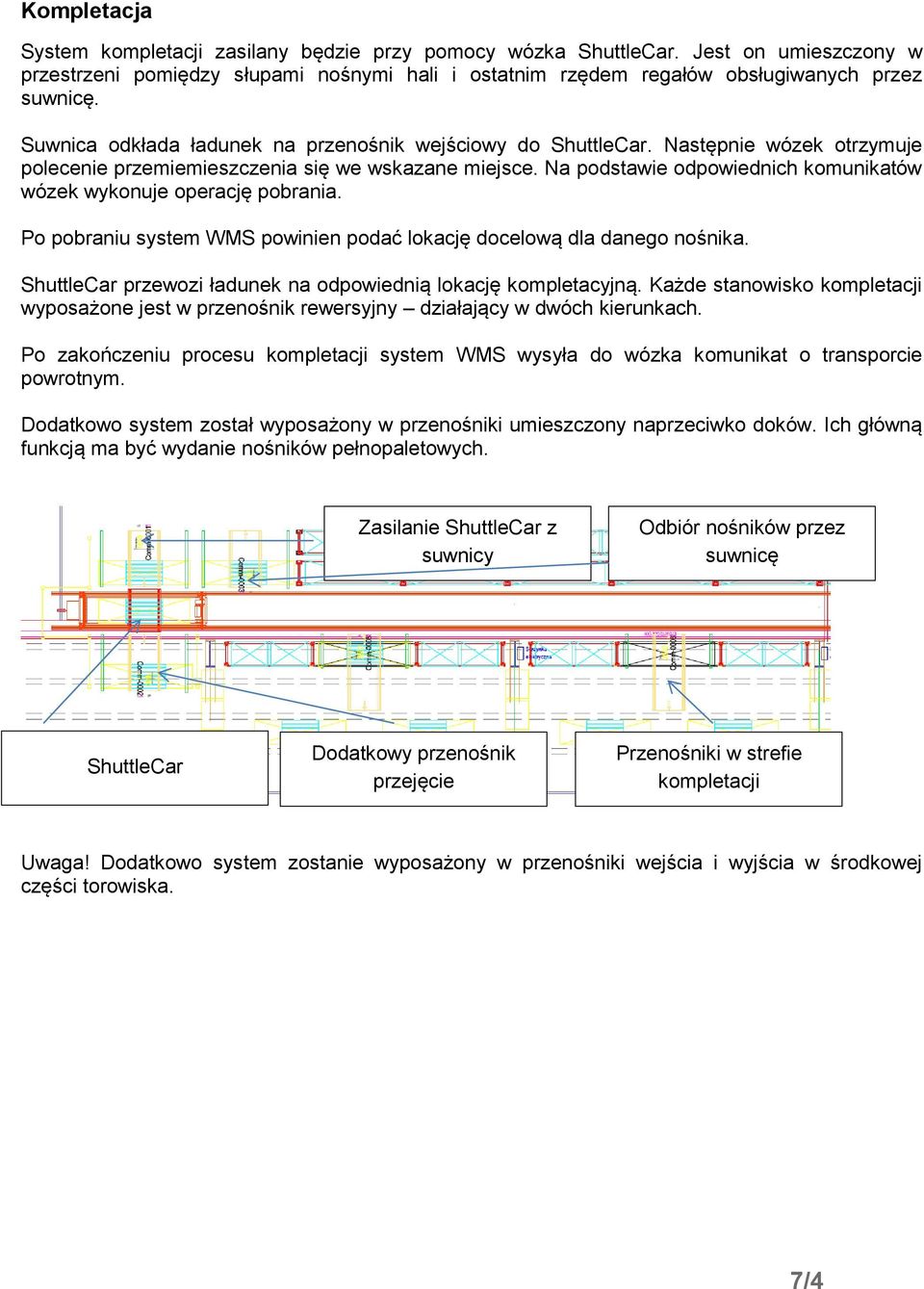 Na podstawie odpowiednich komunikatów wózek wykonuje operację pobrania. Po pobraniu system WMS powinien podać lokację docelową dla danego nośnika.