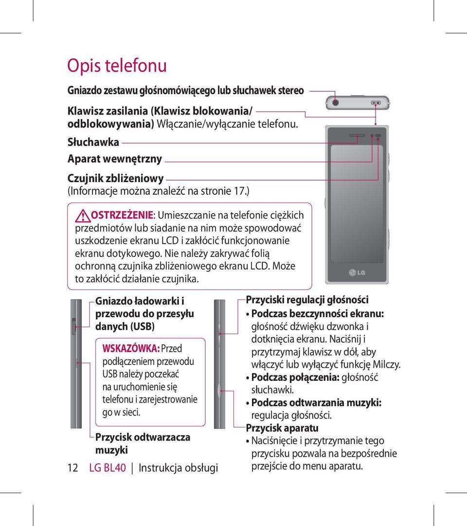 ) OSTRZEŻENIE: Umieszczanie na telefonie ciężkich przedmiotów lub siadanie na nim może spowodować uszkodzenie ekranu LCD i zakłócić funkcjonowanie ekranu dotykowego.