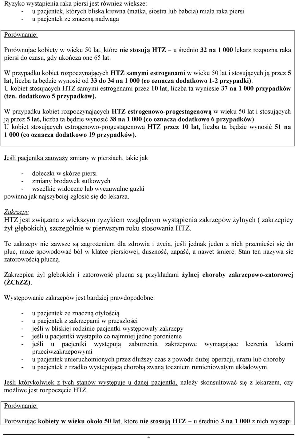 W przypadku kobiet rozpoczynających HTZ samymi estrogenami w wieku 50 lat i stosujących ją przez 5 lat, liczba ta będzie wynosić od 33 do 34 na 1 000 (co oznacza dodatkowo 1-2 przypadki).