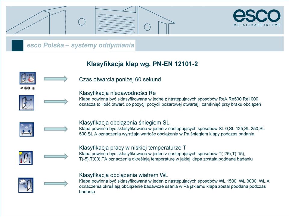 pozycii pożarowej otwartej i zamknięć przy braku obciążeń Klasyfikacja obciążenia śniegiem SL Klapa powinna być sklasyfikowana w jedne z następujących sposobów SL 0,SL 125,SL 250,SL 500,SL A