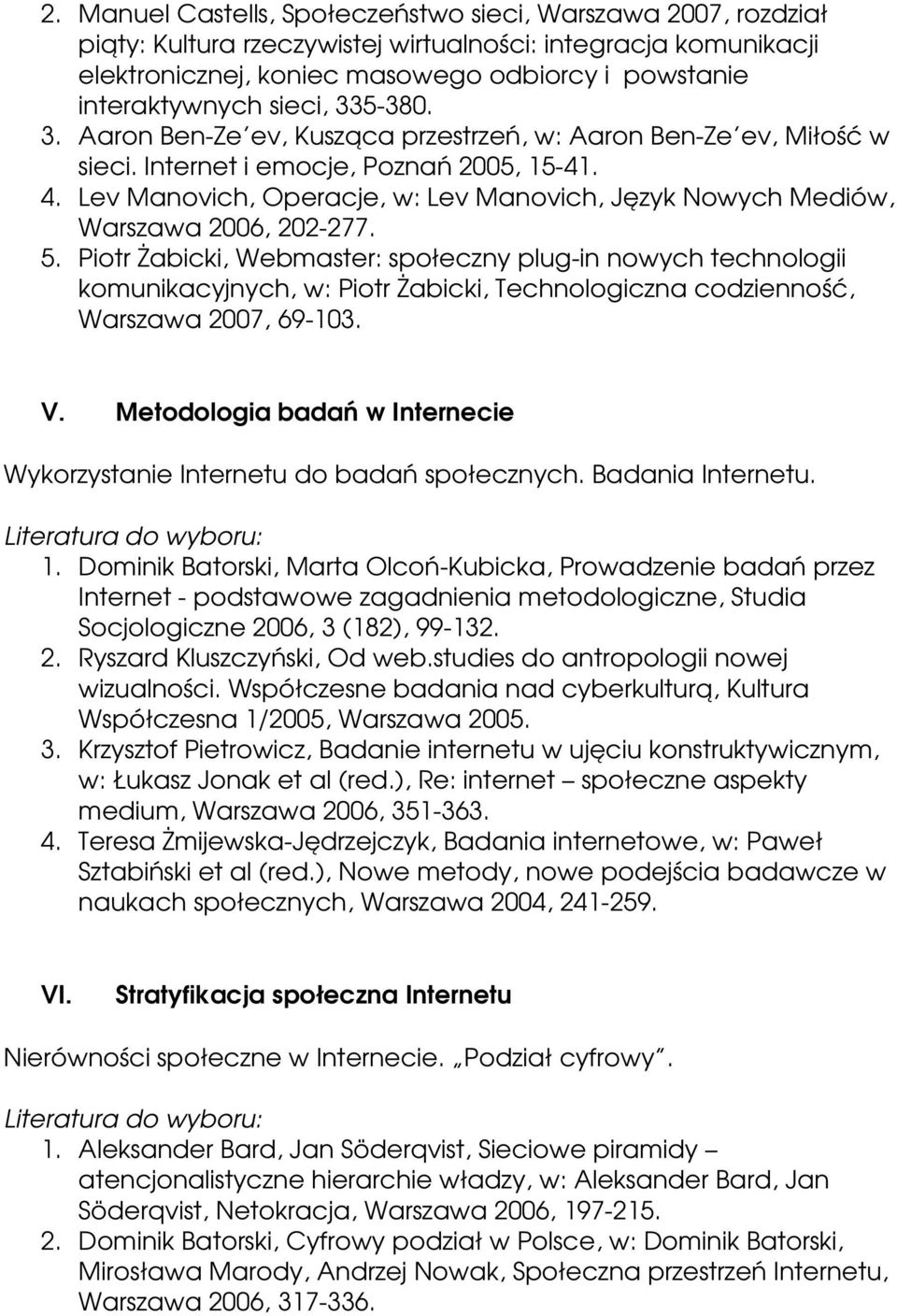 . 4. Lev Manovich, Operacje, w: Lev Manovich, Język Nowych Mediów, Warszawa 2006, 202 277. 5.