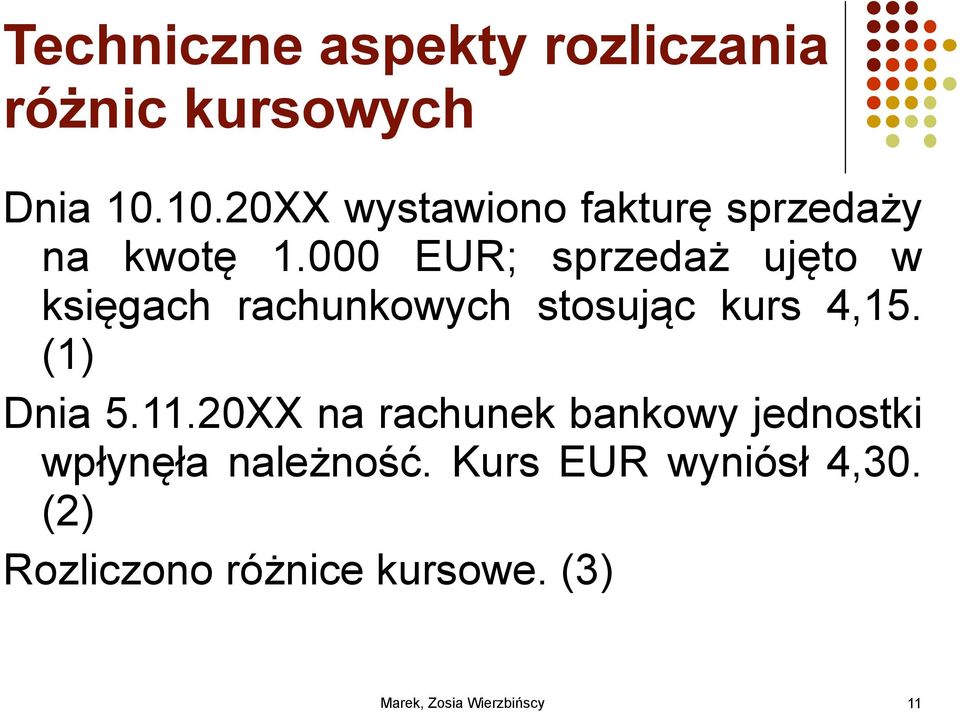 000 EUR; sprzedaż ujęto w księgach rachunkowych stosując kurs 4,15.