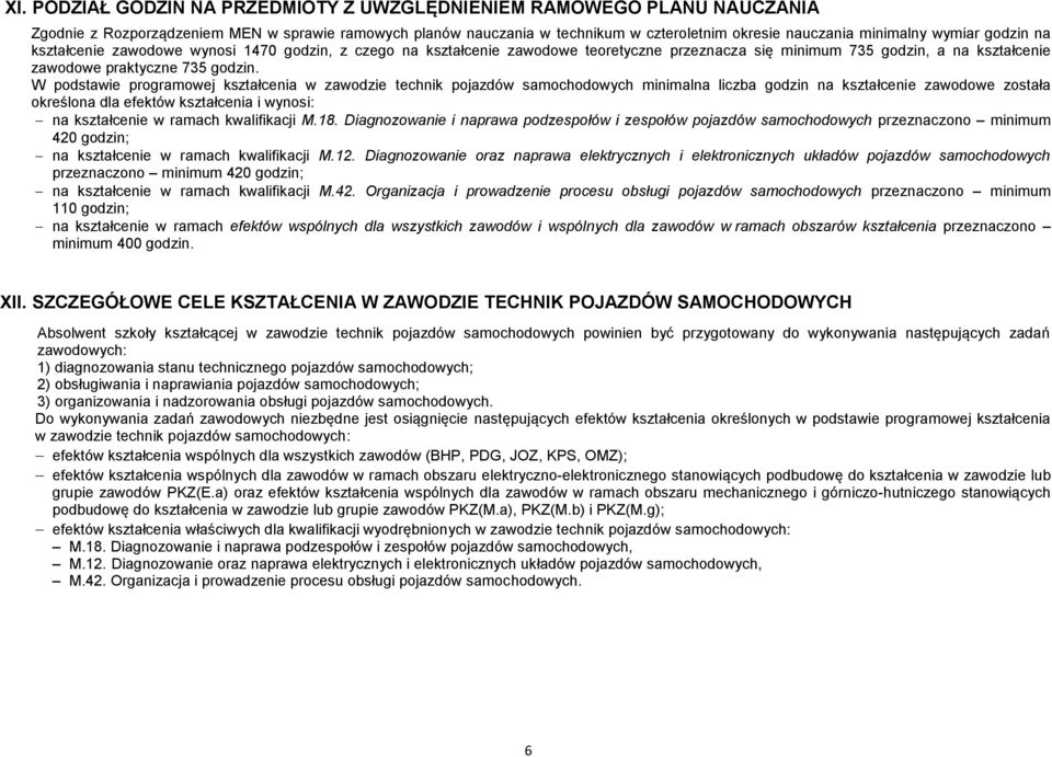 W podstawie programowej kształcenia w zawodzie technik pojazdów samochodowych minimalna liczba godzin na kształcenie zawodowe została określona dla efektów kształcenia i wynosi: na kształcenie w