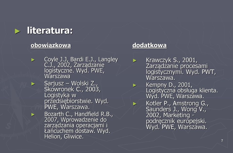 Wyd. Helion, Gliwice. Krawczyk S., 2001, Zarządzanie procesami logistycznymi. Wyd. PWT, Warszawa. Kempny D., 2001, Logistyczna obsługa klienta.