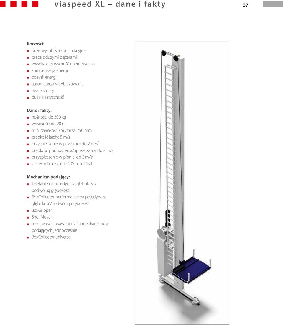 szerokość korytarza: 750 mm prędkość jazdy: 5 m/s przyspieszenie w poziomie: do 2 m/s² prędkość podnoszenia/opuszczania: do 2 m/s przyspieszenie w pionie: do 2 m/s² zakres roboczy: