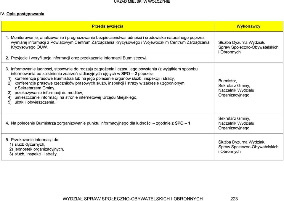 Kryzysowego OUW. 2. Przyjęcie i weryfikacja informacji oraz przekazanie informacji Burmistrzowi. 3.