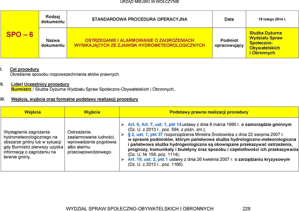 II. III. Lider/ Uczestnicy procedury Burmistrz / Służba Dyżurna Wydziału i Obronnych,.