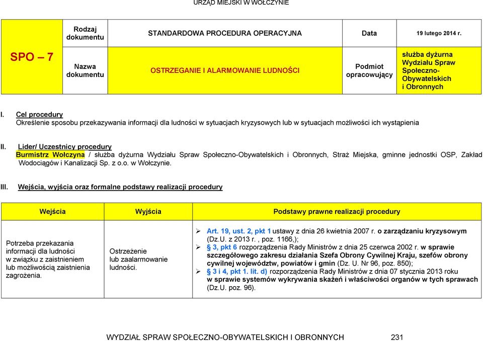 Lider/ Uczestnicy procedury Burmistrz Wołczyna / służba dyżurna Wydziału i Obronnych, Straż Miejska, gminne jednostki OSP, Zakład Wodociągów i Kanalizacji Sp. z o.o. w Wołczynie. III.