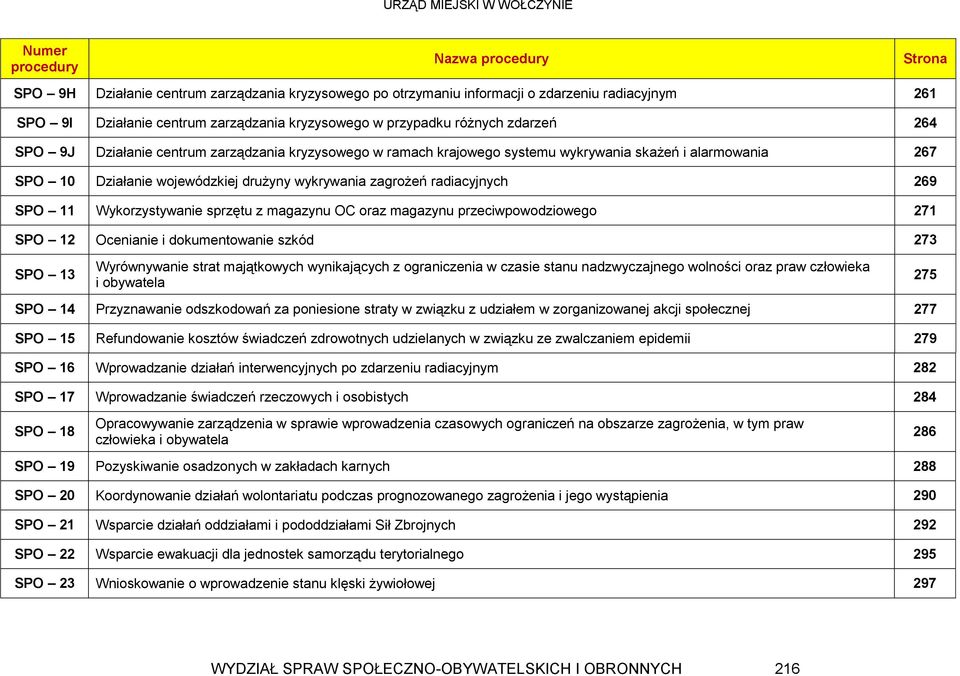 radiacyjnych 269 SPO 11 Wykorzystywanie sprzętu z magazynu OC oraz magazynu przeciwpowodziowego 271 SPO 12 Ocenianie i dokumentowanie szkód 273 SPO 13 Wyrównywanie strat majątkowych wynikających z