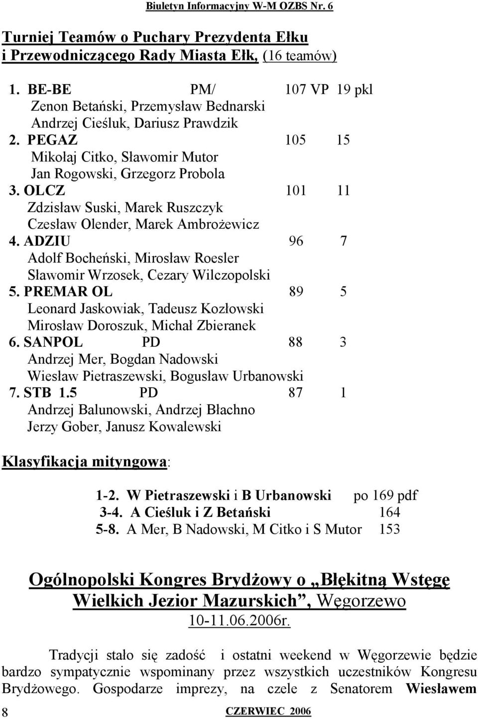 ADZIU 96 7 Adolf Bocheński, Mirosław Roesler Sławomir Wrzosek, Cezary Wilczopolski 5. PREMAR OL 89 5 Leonard Jaskowiak, Tadeusz Kozłowski Mirosław Doroszuk, Michał Zbieranek 6.