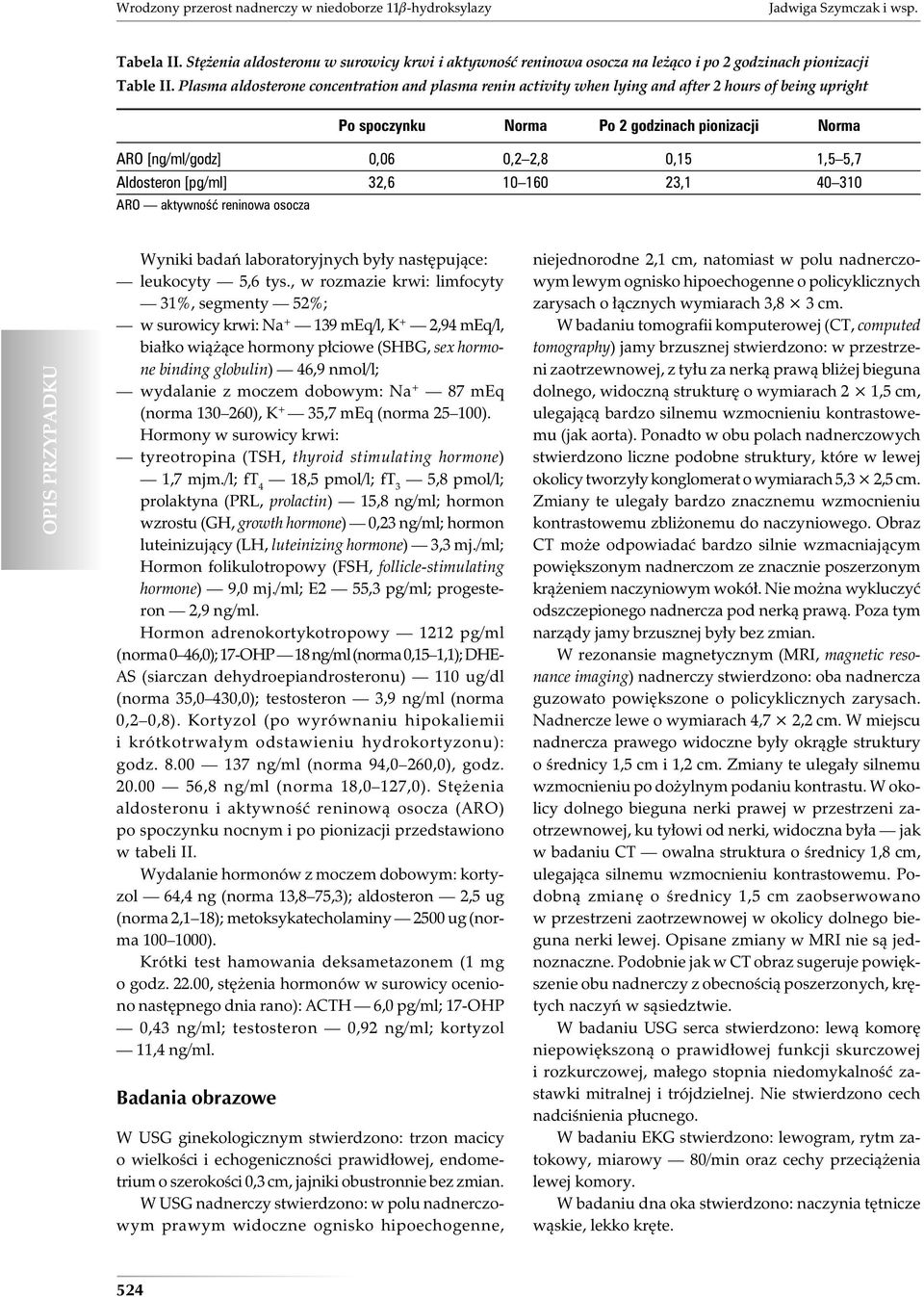 Plasma aldosterone concentration and plasma renin activity when lying and after 2 hours of being upright Po spoczynku Norma Po 2 godzinach pionizacji Norma ARO [ng/ml/godz] 0,06 0,2 2,8 0,15 1,5 5,7