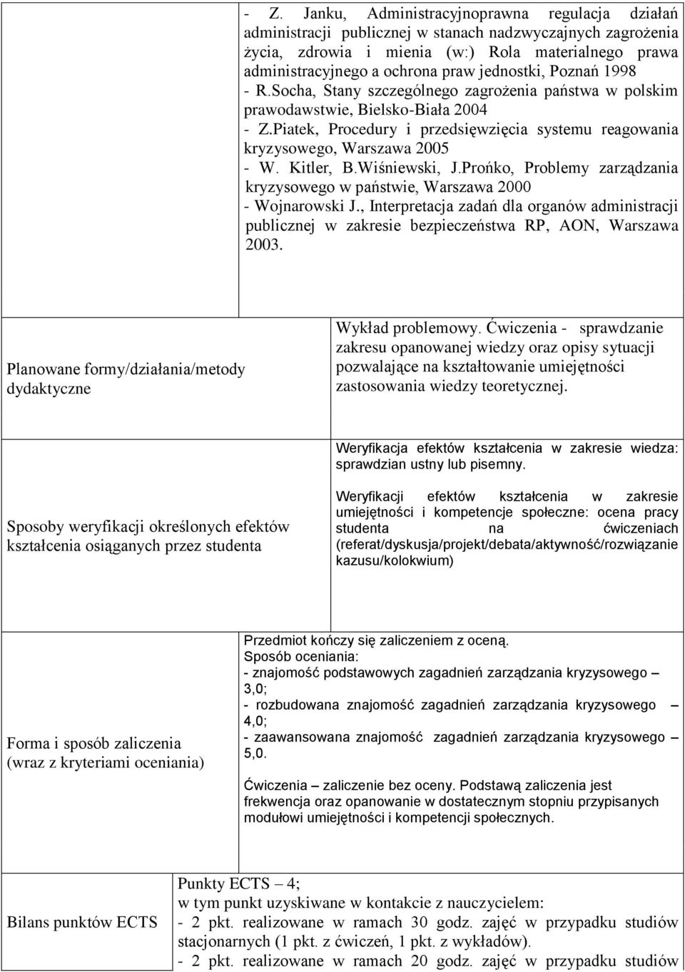 Piatek, Procedury i przedsięwzięcia systemu reagowania kryzysowego, Warszawa 2005 - W. Kitler, B.Wiśniewski, J.Prońko, Problemy zarządzania kryzysowego w państwie, Warszawa 2000 - Wojnarowski J.