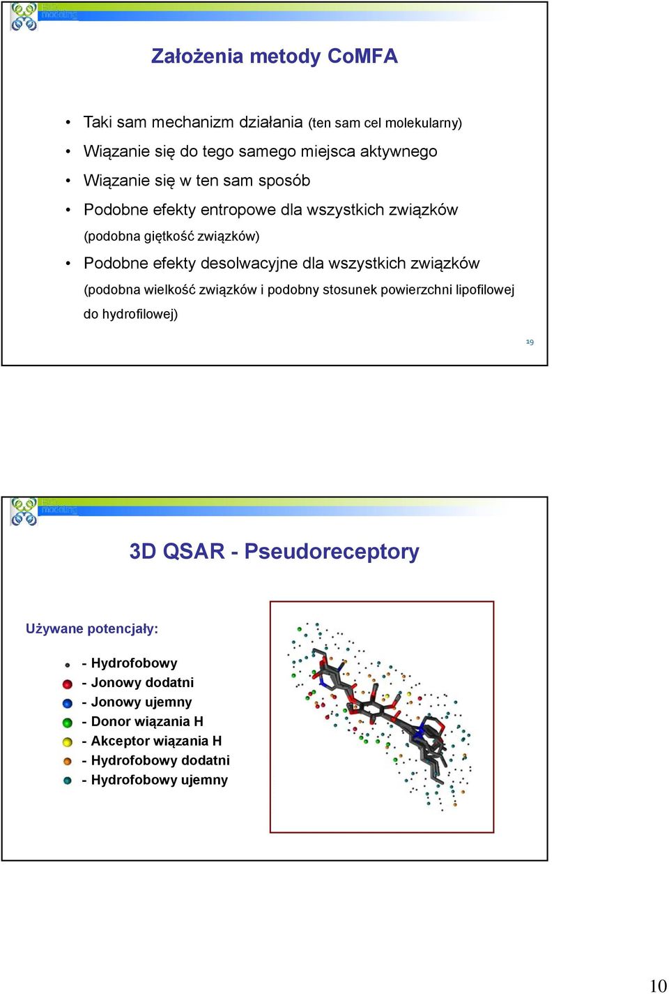 związków (podobna wielkość związków i podobny stosunek powierzchni lipofilowej do hydrofilowej) 19 3D QSAR - Pseudoreceptory Używane
