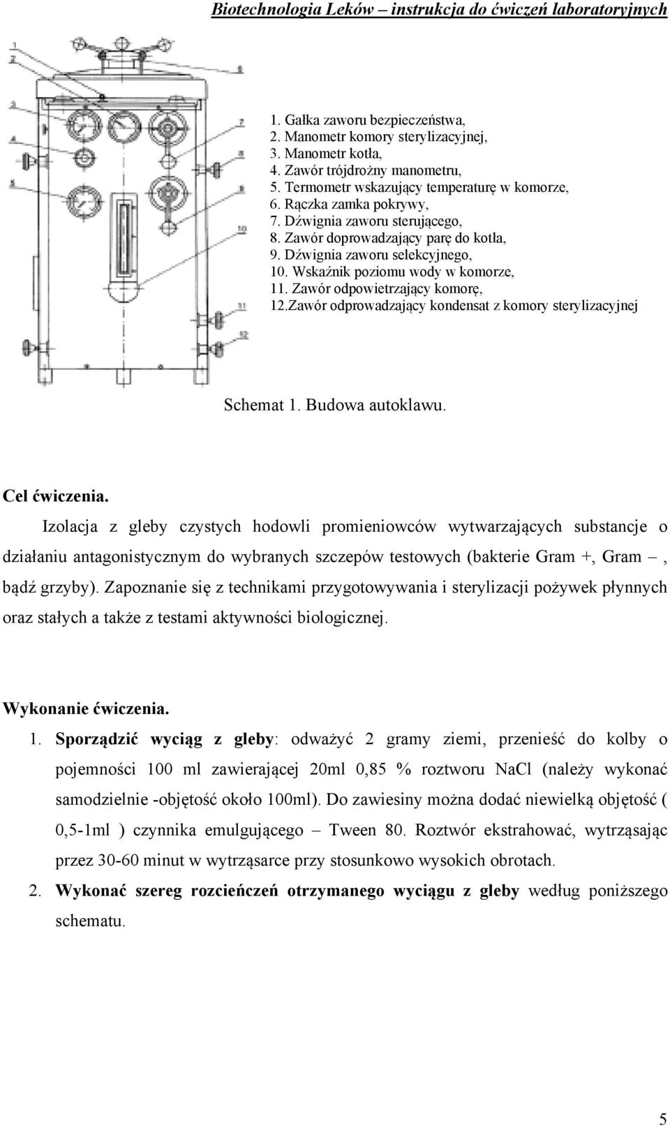 Zawór odprowadzający kondensat z komory sterylizacyjnej Schemat 1. Budowa autoklawu. Cel ćwiczenia.