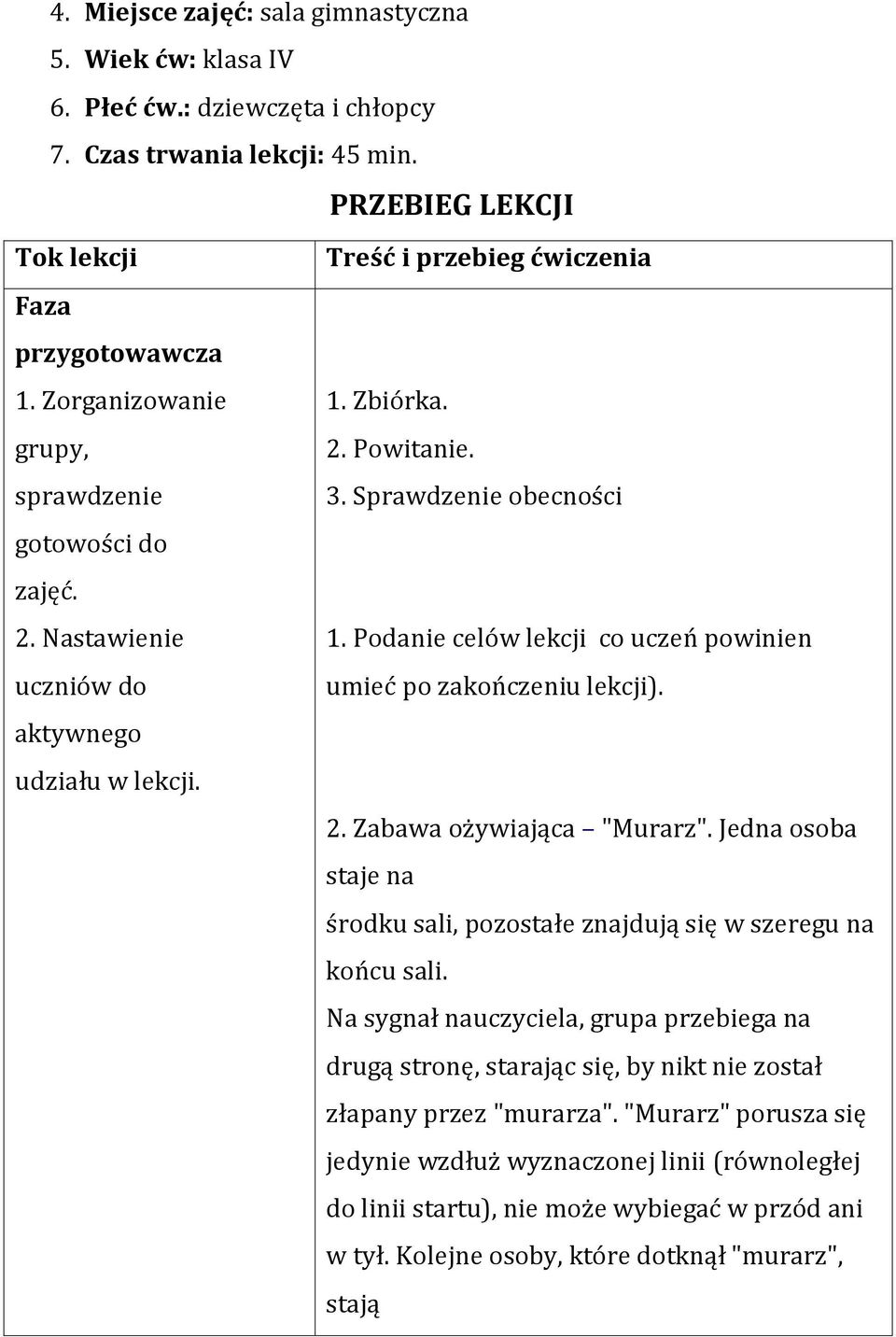 Podanie celów lekcji co uczeń powinien uczniów do umieć po zakończeniu lekcji). aktywnego udziału w lekcji. 2. Zabawa ożywiająca "Murarz".