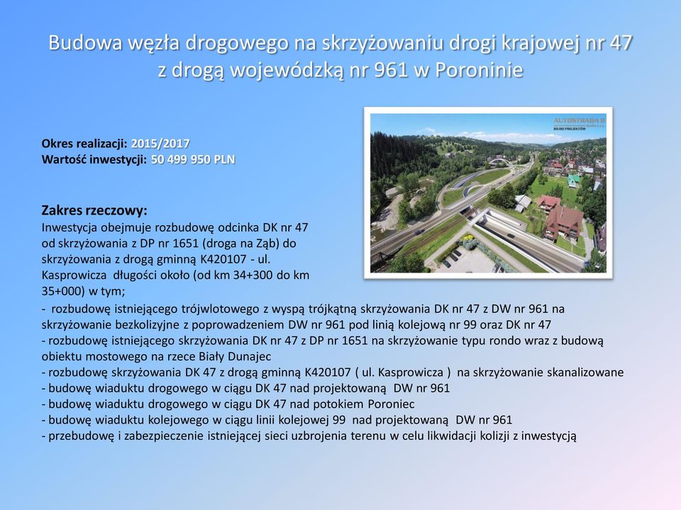 Kasprowicza długości około (od km 34+300 do km 35+000) w tym; - rozbudowę istniejącego trójwlotowego z wyspą trójkątną skrzyżowania DK nr 47 z DW nr 961 na skrzyżowanie bezkolizyjne z poprowadzeniem