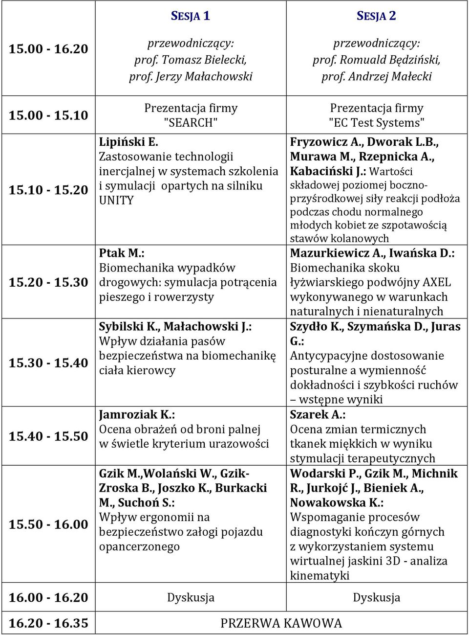 : Biomechanika wypadków drogowych: symulacja potrącenia pieszego i rowerzysty Sybilski K., Małachowski J.: Wpływ działania pasów bezpieczeństwa na biomechanikę ciała kierowcy Jamroziak K.