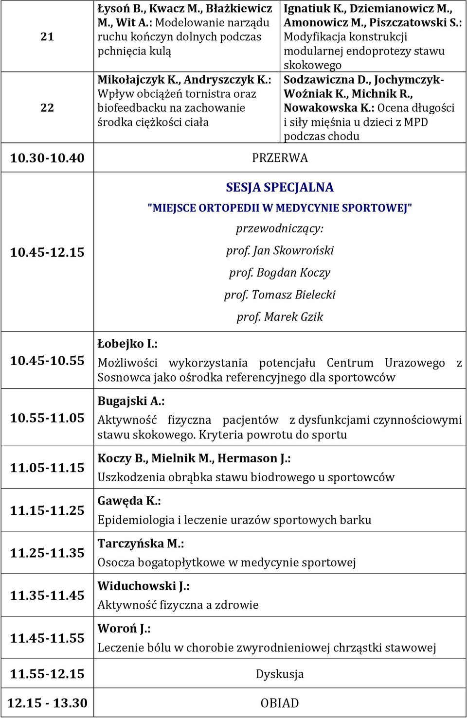 : Modyfikacja konstrukcji modularnej endoprotezy stawu skokowego Sodzawiczna D., Jochymczyk- Woźniak K., Michnik R., Nowakowska K.: Ocena długości i siły mięśnia u dzieci z MPD podczas chodu 10.45-12.
