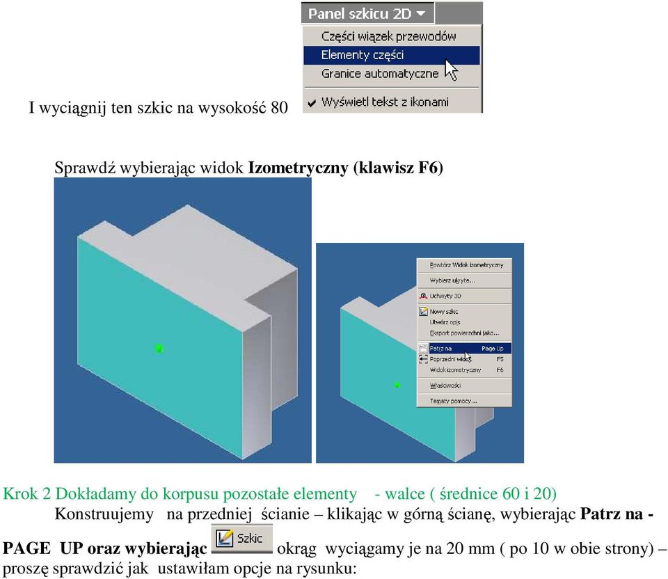 przedniej ścianie klikając w górną ścianę, wybierając Patrz na - PAGE UP oraz wybierając