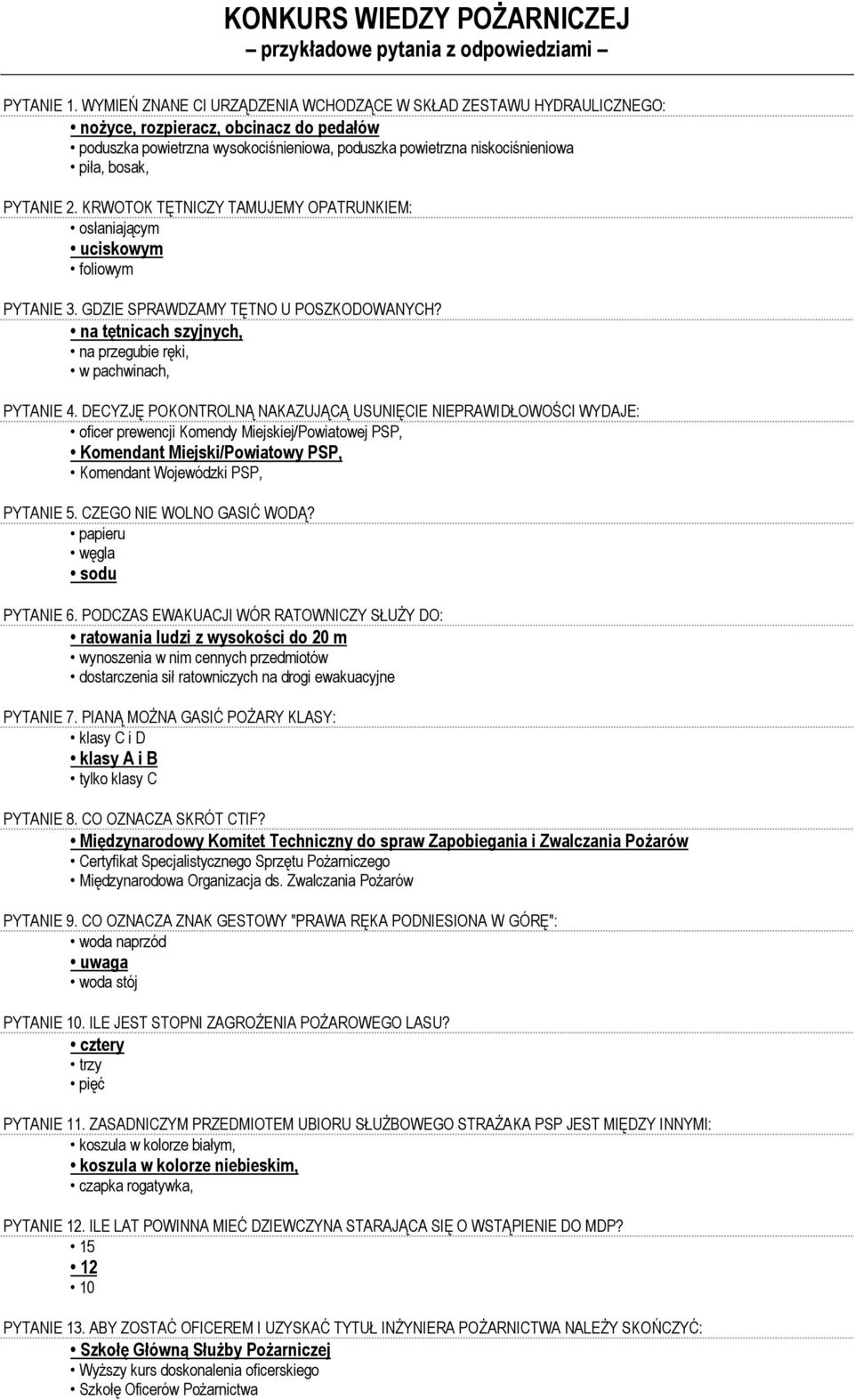 KONKURS WIEDZY POŻARNICZEJ przykładowe pytania z odpowiedziami - PDF  Darmowe pobieranie