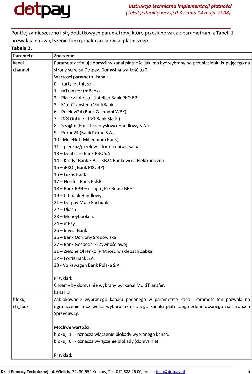 Wartości parametru kanal: 0 karty płatnicze 1 mtransfer (mbank) 2 Płacę z Inteligo (Inteligo Bank PKO BP) 3 MultiTransfer (MultiBank) 6 Przelew24 (Bank Zachodni WBK) 7 ING OnLine (ING Bank Śląski) 8