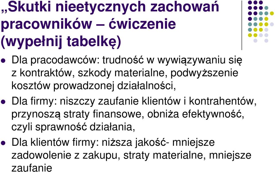 firmy: niszczy zaufanie klientów i kontrahentów, przynoszą straty finansowe, obniża efektywność, czyli