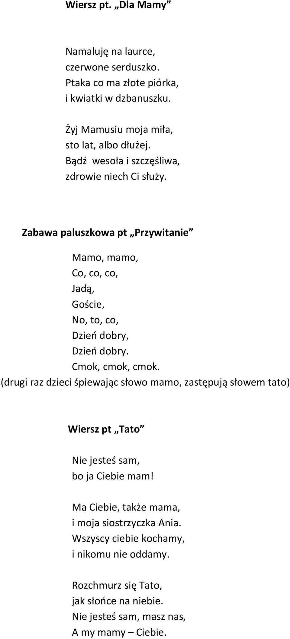 Zabawa paluszkowa pt Przywitanie Mamo, mamo, Co, co, co, Jadą, Goście, No, to, co, Dzień dobry, Dzień dobry. Cmok, cmok, cmok.