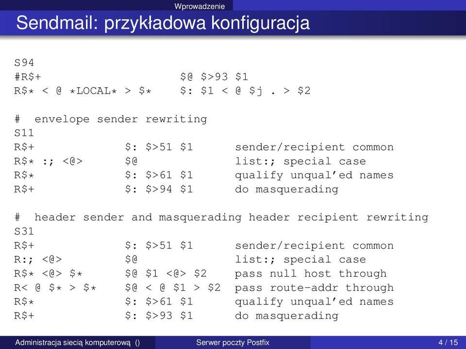 $>94 $1 do masquerading # header sender and masquerading header recipient rewriting S31 R$+ $: $>51 $1 sender/recipient common R:; <@> $@ list:; special case