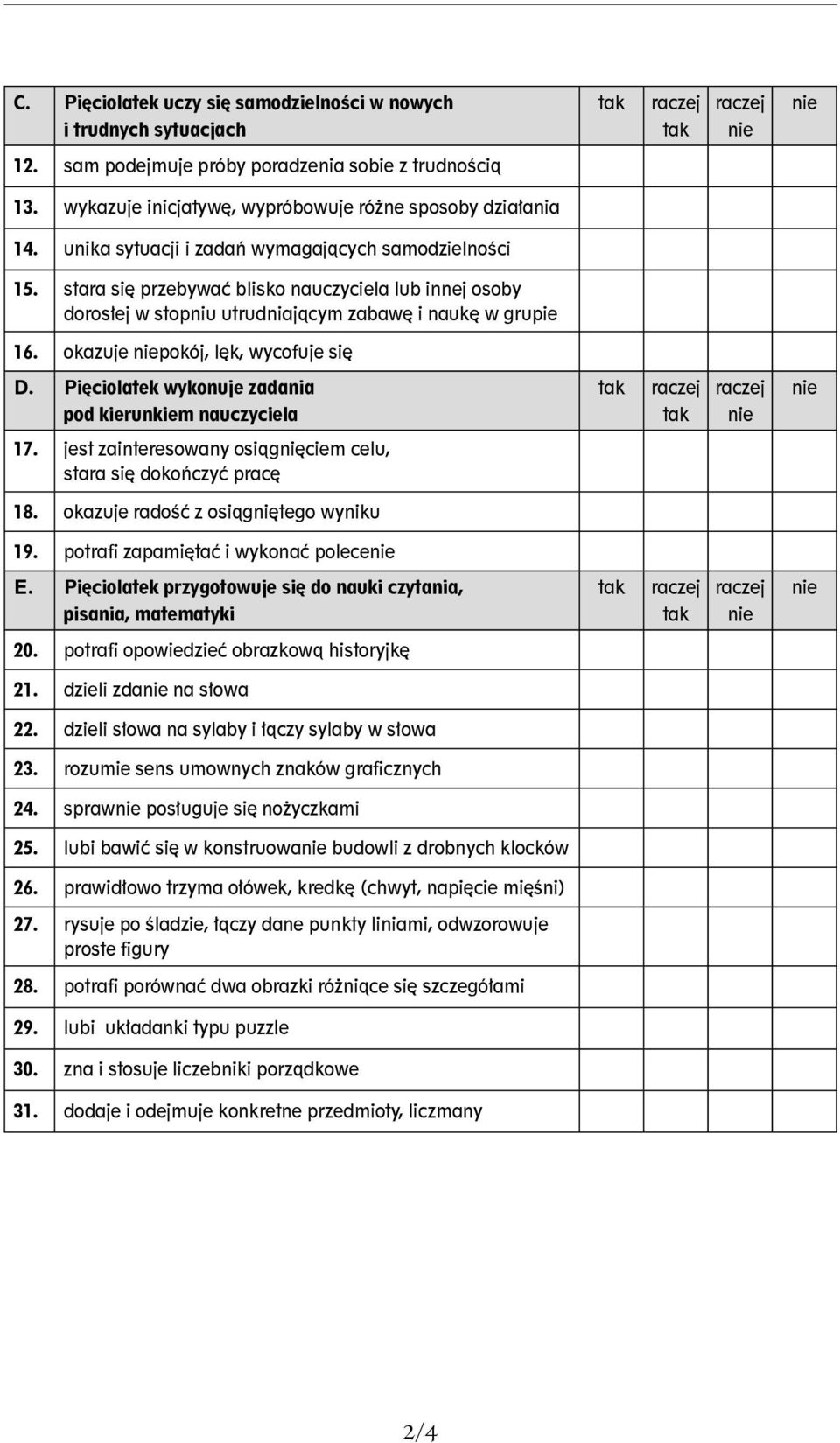 okazuje pokój, lęk, wycofuje się D. Pięciolatek wykonuje zadania pod kierunkiem nauczyciela 17. jest zainteresowany osiągnięciem celu, stara się dokończyć pracę 18.