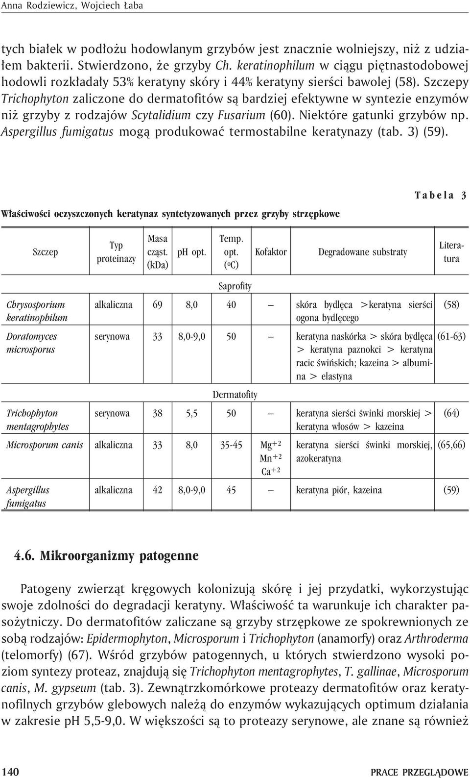 Szczepy Trichophyton zaliczone do dermatofitów s¹ bardziej efektywne w syntezie enzymów ni grzyby z rodzajów Scytalidium czy Fusarium (60). Niektóre gatunki grzybów np.