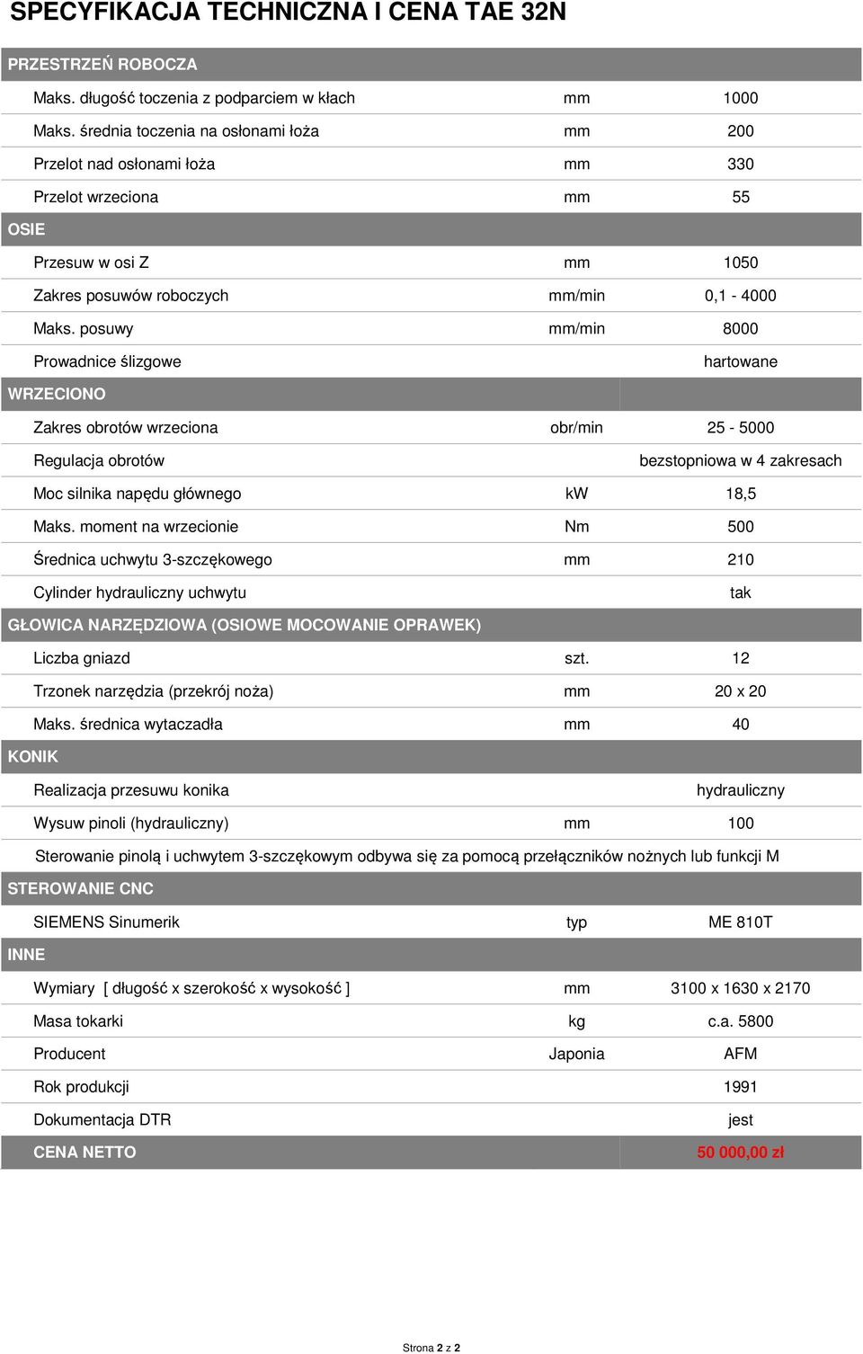 posuwy mm/min 8000 Prowadnice ślizgowe hartowane WRZECIONO Zakres obrotów wrzeciona obr/min 25-5000 Regulacja obrotów bezstopniowa w 4 zakresach Moc silnika napędu głównego kw 18,5 Maks.