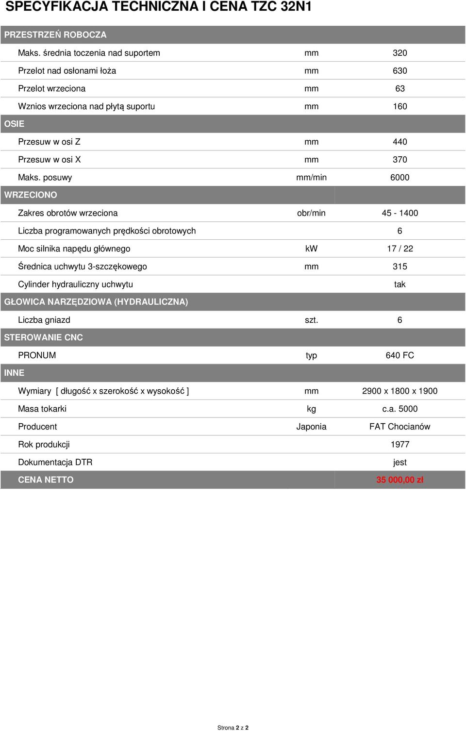 posuwy mm/min 6000 WRZECIONO Zakres obrotów wrzeciona obr/min 45-1400 Liczba programowanych prędkości obrotowych 6 Moc silnika napędu głównego kw 17 / 22 Średnica uchwytu 3-szczękowego mm 315