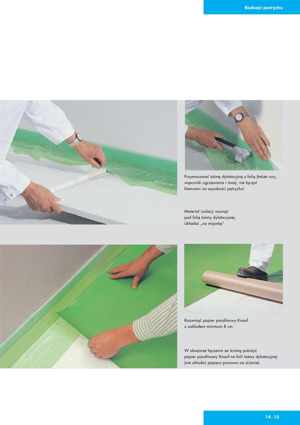 Układać na mijankę Rozwinąć papier parafinowy Knauf z zakładem minimum 8 cm.