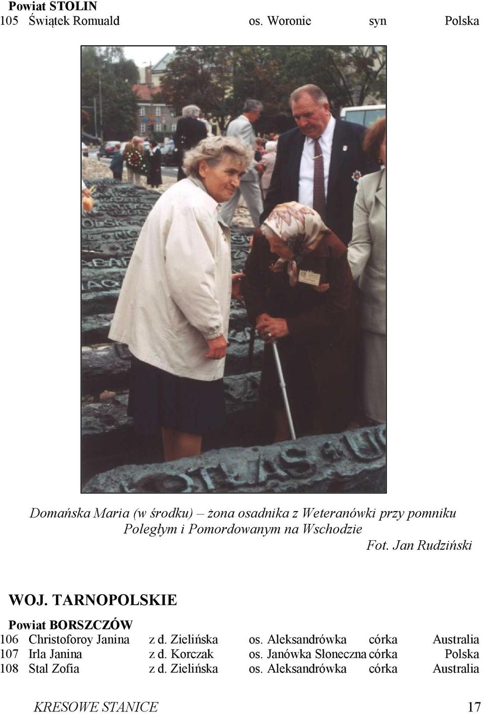 Pomordowanym na Wschodzie Fot. Jan Rudziński WOJ. TARNOPOLSKIE Powiat BORSZCZÓW 106 Christoforoy Janina z d.