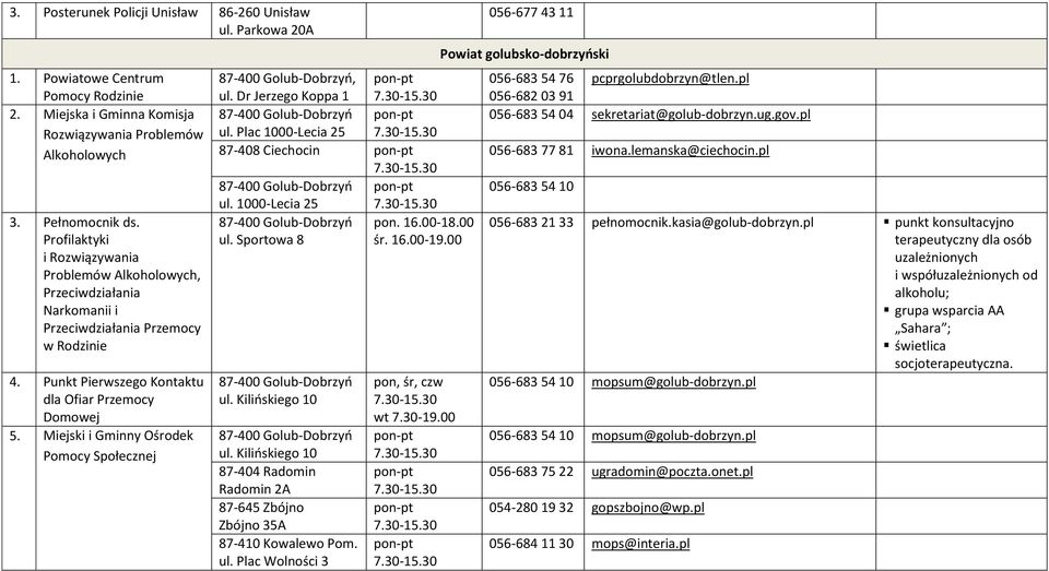 Miejski i Gminny Ośrodek Pomocy Społecznej 87-400 Golub-Dobrzyo, ul. Dr Jerzego Koppa 1 87-400 Golub-Dobrzyo ul. Plac 1000-Lecia 25 87-408 Ciechocin 87-400 Golub-Dobrzyo ul.