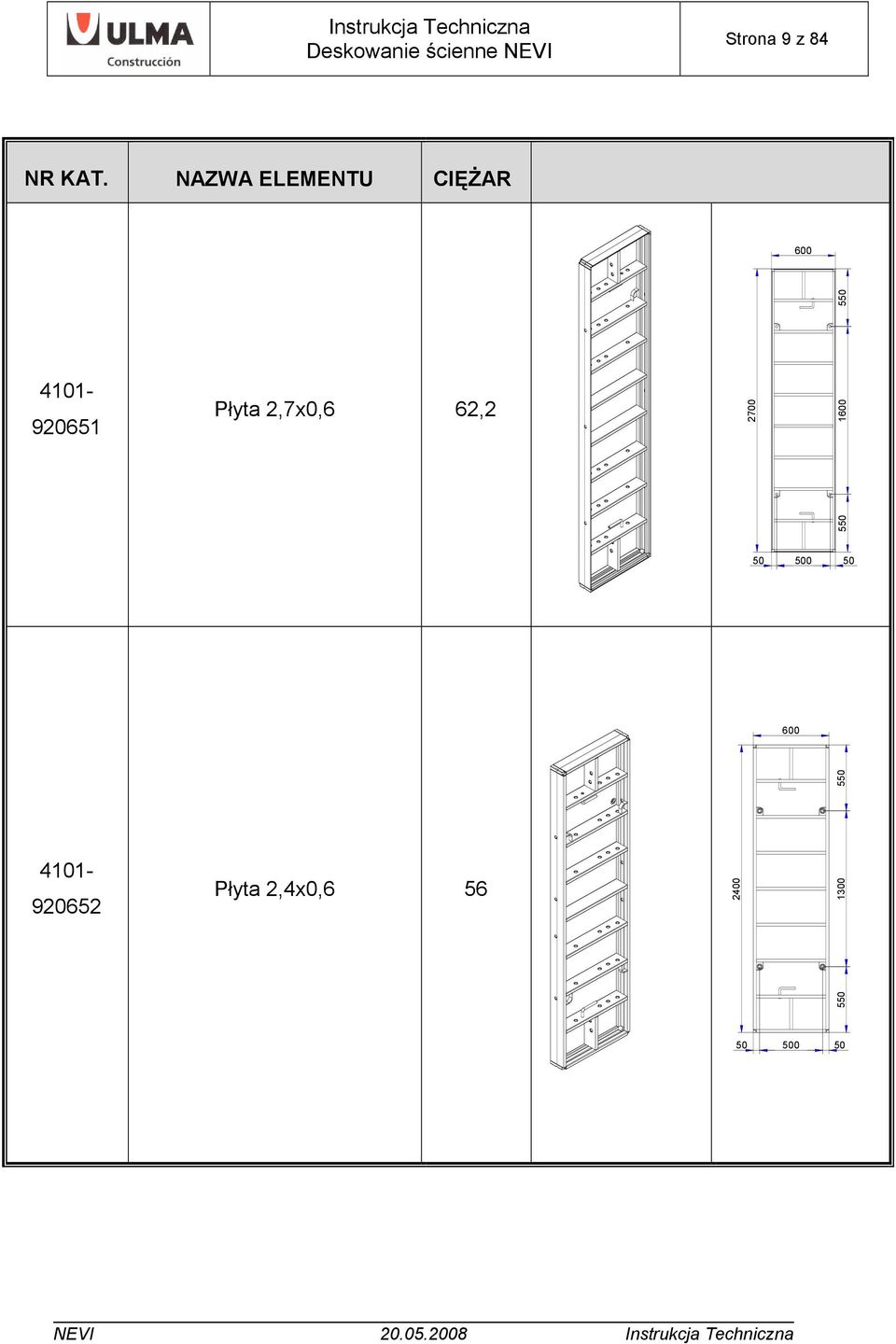 Płyta 2,7x0,6 62,2 2700 1600 550 50 500