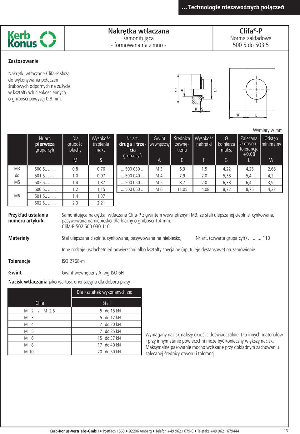 Zalecana Ø otworu: tolerancja +0,08 E 1 L 4,25 Odstęp minimalny W M3 do M5 M6 500 5........ 501 5........ 502 5........ 500 5........ 501 5........ 502 5........ 0,8 1,0 1,4 1,2 1,4 2,3 0,76 0,97 1,37 1,15 1,37 2,21.