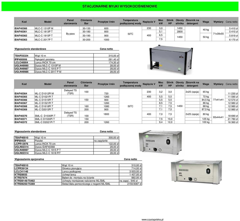 Rękojeść pistoletu Lanca INOX 70 cm Dysza MLC-C 1310P M Dysza MLC-C 1915 P T Dysza MLC-C 2017 P M 315,00 zł 281,40 zł 174,30 zł Temperatura podłączanej wody HP Waga Wymiary Delayed TS 100 230 3,2 3,0