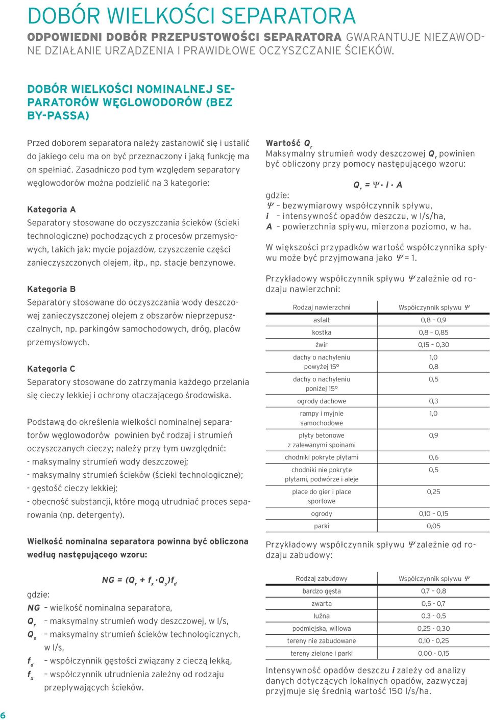 Zasadniczo pod tym względem separatory węglowodorów można podzielić na 3 kategorie: Kategoria A Separatory stosowane do oczyszczania ścieków (ścieki technologiczne) pochodzących z procesów