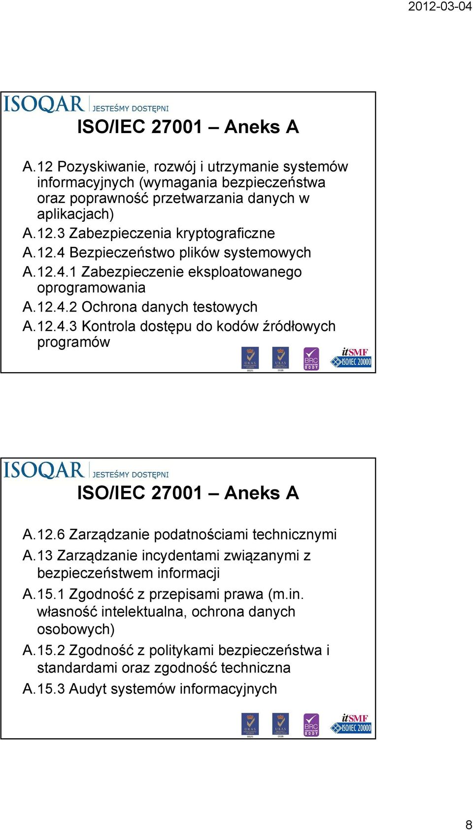 12.6 Zarządzanie podatnościami technicznymi A.13 Zarządzanie incydentami związanymi z bezpieczeństwem informacji A.15.1 Zgodność z przepisami prawa (m.in. własność intelektualna, ochrona danych osobowych) A.