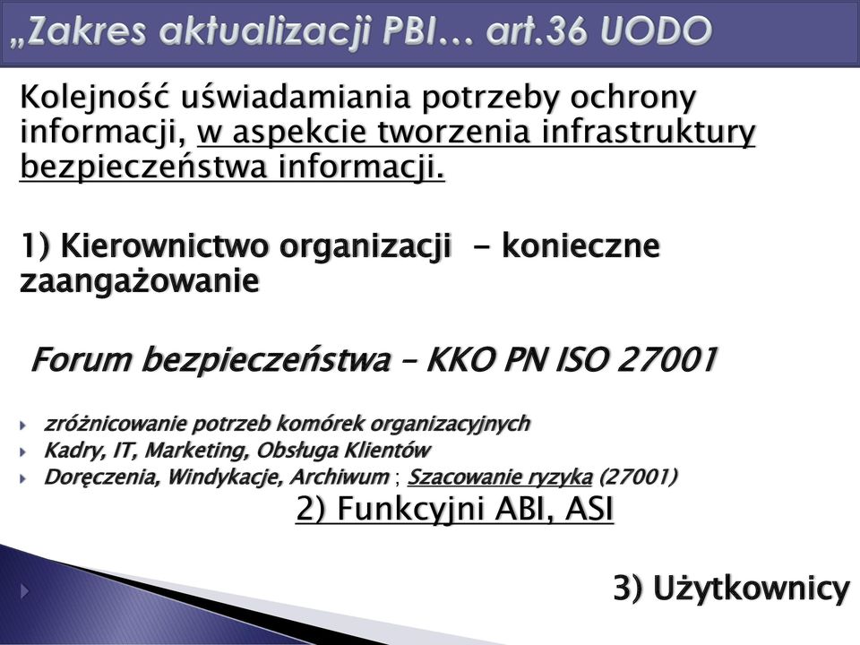 1) Kierownictwo organizacji - konieczne zaangażowanie Forum bezpieczeństwa KKO PN ISO 27001