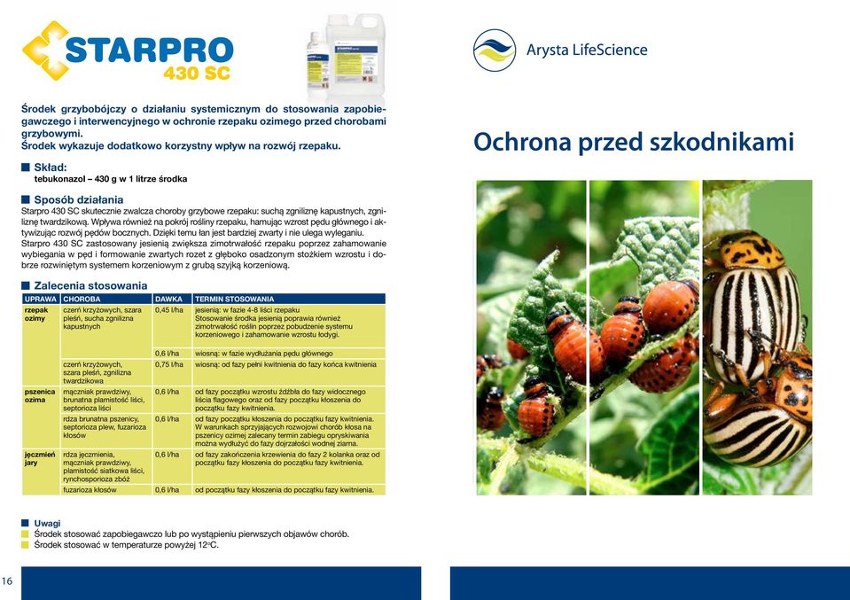 tebukonazol 430 g w 1 litrze środka Ochrona przed szkodnikami Starpro 430 SC skutecznie zwalcza choroby grzybowe rzepaku: suchą zgniliznę kapustnych, zgniliznę twardzikową.