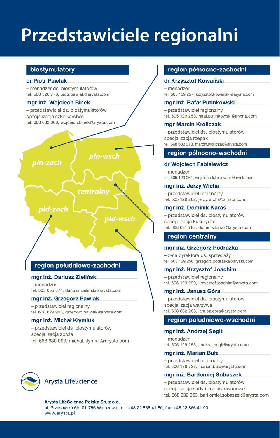 505 129 257, krzysztof.kowanski@arysta.com mgr inż. Rafał Putinkowski przedstawiciel regionalny tel. 505 129 258, rafal.putinkowski@arysta.com mgr Marcin Króliczak przedstawiciel ds.