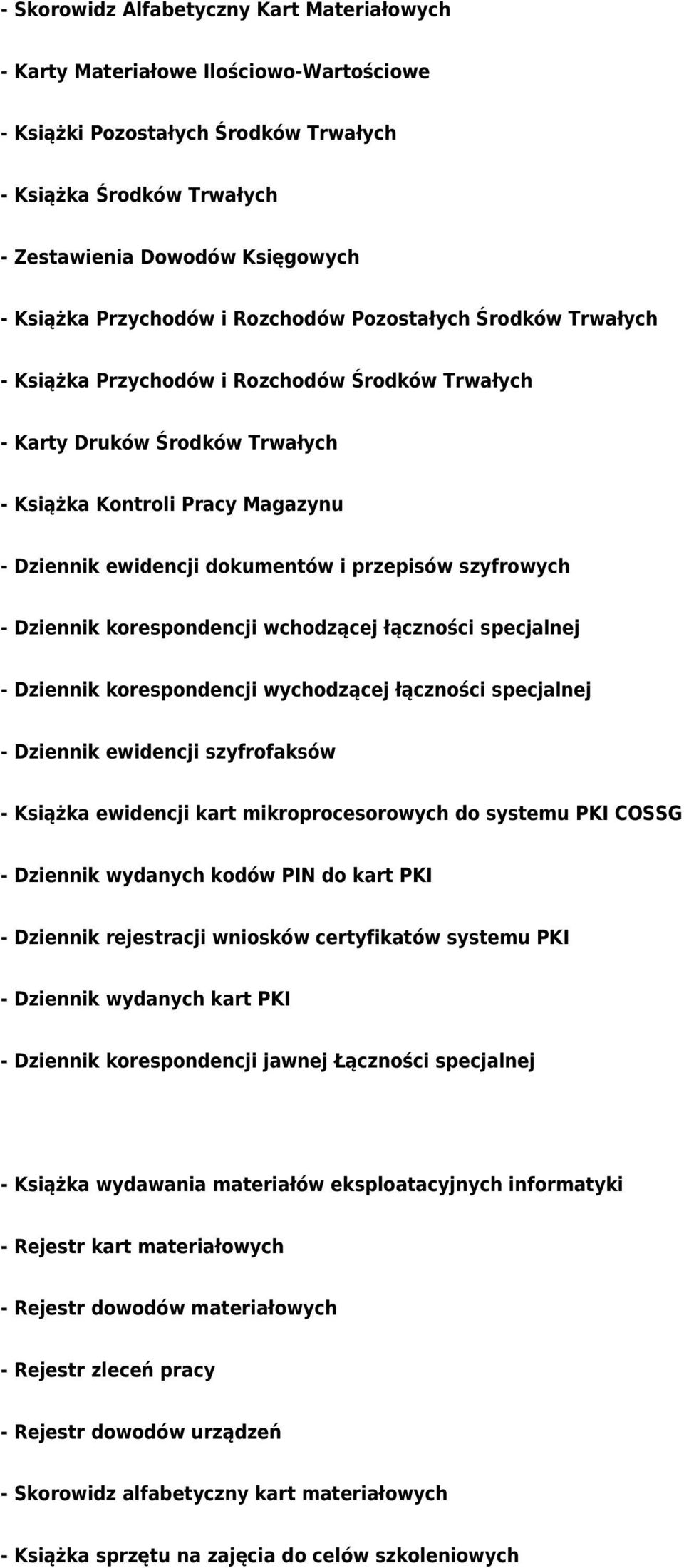 i przepisów szyfrowych - Dziennik korespondencji wchodzącej łączności specjalnej - Dziennik korespondencji wychodzącej łączności specjalnej - Dziennik ewidencji szyfrofaksów - Książka ewidencji kart