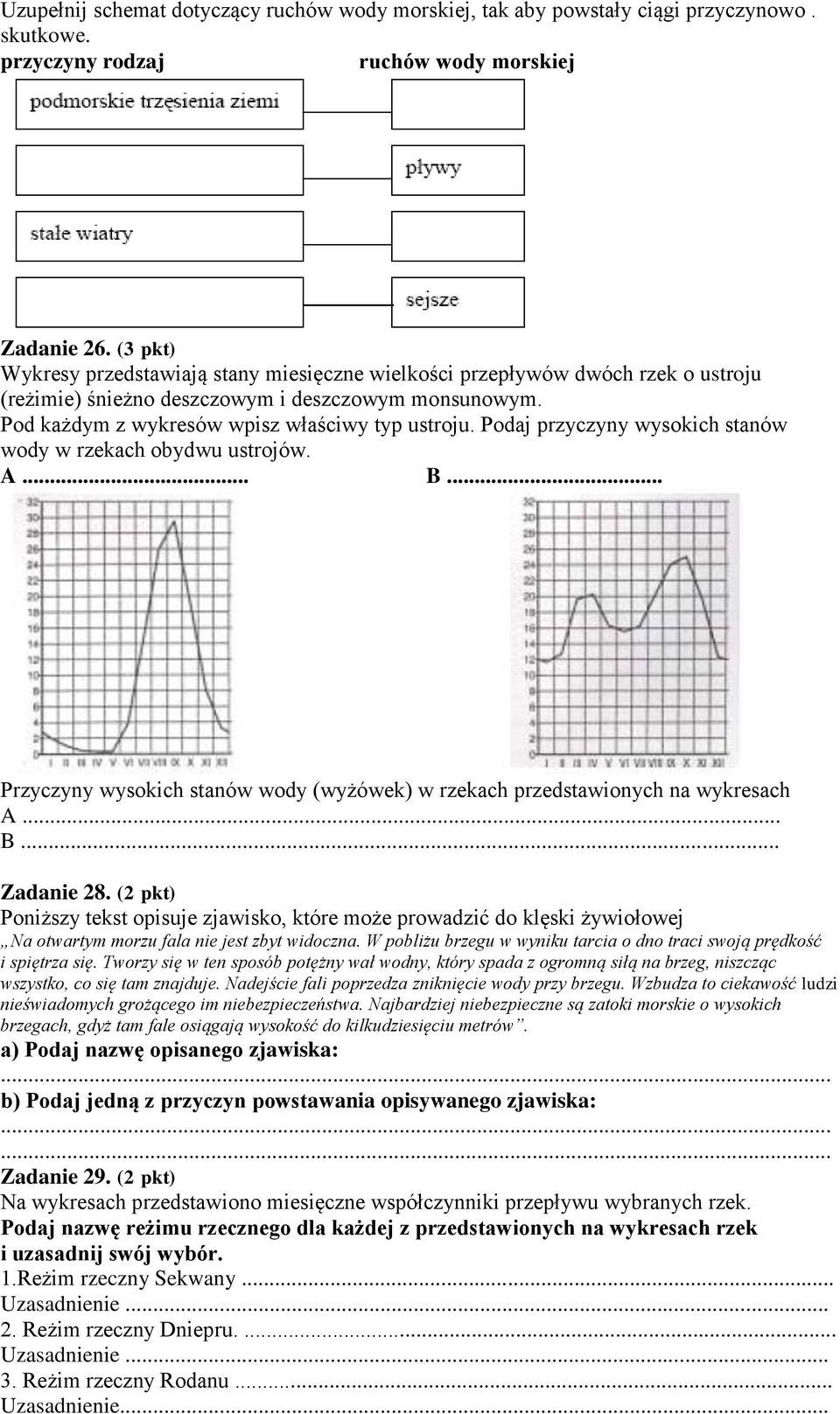 Podaj przyczyny wysokich stanów wody w rzekach obydwu ustrojów. A... B... Przyczyny wysokich stanów wody (wyżówek) w rzekach przedstawionych na wykresach A... B... Zadanie 28.