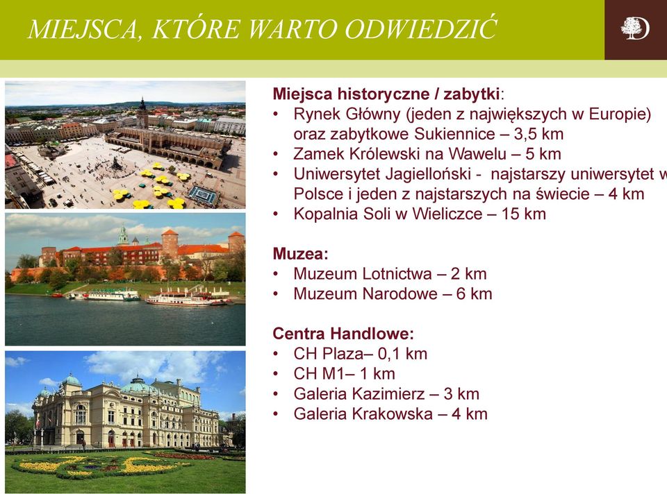 uniwersytet w Polsce i jeden z najstarszych na świecie 4 km Kopalnia Soli w Wieliczce 15 km Muzea: Muzeum
