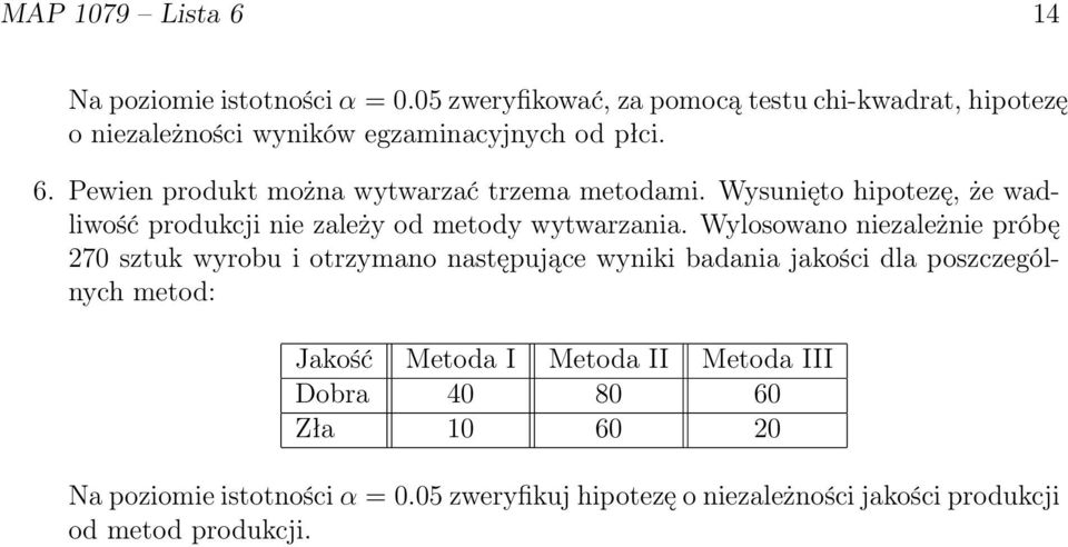 Pewien produkt można wytwarzać trzema metodami. Wysunięto hipotezę, że wadliwość produkcji nie zależy od metody wytwarzania.