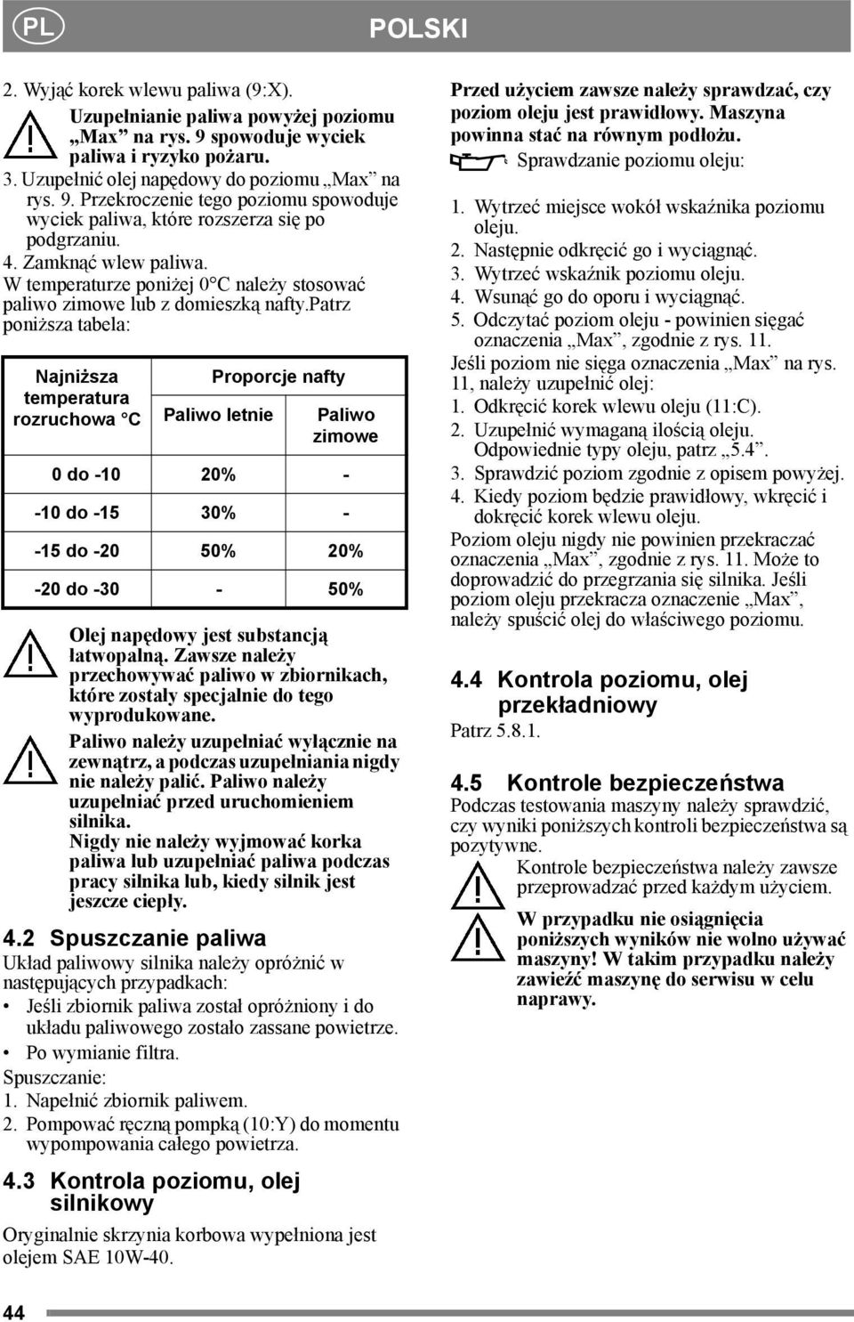 patrz poniższa tabela: Najniższa temperatura rozruchowa C Proporcje nafty Paliwo letnie Olej napędowy jest substancją łatwopalną.